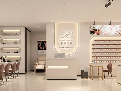 Stylish Modern Beauty Salon Interior With Reception Desk Sofa Chairs And Product Shelves 3d model
