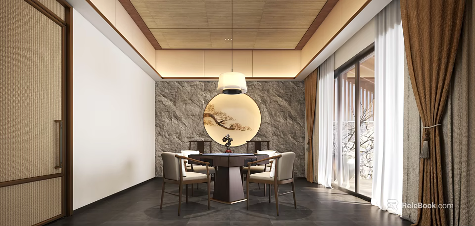 Chinese Style Hotel Mahjong Room With Round Painting Stone Wall And Pendant Light 3d model 