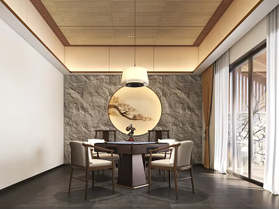 Chinese Style Hotel Mahjong Room With Round Painting Stone Wall And Pendant Light 3d model