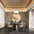 Chinese Style Hotel Mahjong Room With Round Painting Stone Wall And Pendant Light