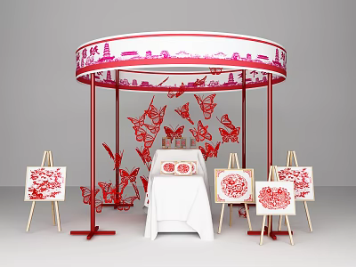 Chinese Paper Cutting Exhibition Booth With Red White City Skyline Butterfly Cutouts Easels And Table 3d model