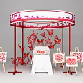 Chinese Paper Cutting Exhibition Booth With Red White City Skyline Butterfly Cutouts Easels And Table