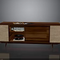 Wooden TV Stand With Woven Side Panels Open Storage Vinyl Record Player And Magazines