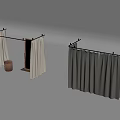 Modern Curtain Stands With White And Gray Fabric Curtains And Wooden Stool