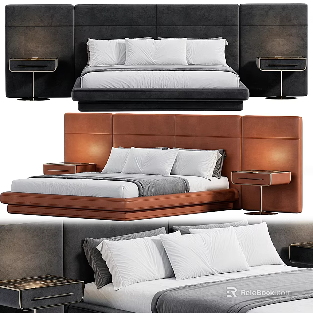 Modern Double Bed Design With Leather Headboard Bedside Tables And White Pillows 3d model