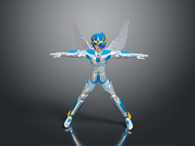 Fantasy Winged Blue And White Armored Character With Helmet Standing Arms Outstretched 3d model