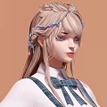 Woman With Long Light Hair And Blue Hair Accessories Wearing White Knit Sweater And Plaid Overalls
