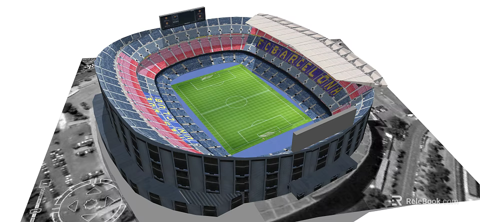 Iconic FC Barcelona Football Stadium With Green Pitch And Red Blue Seats 3d model 