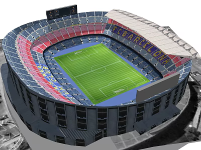 Iconic FC Barcelona Football Stadium With Green Pitch And Red Blue Seats 3d model