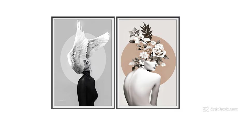 Two Modern Figure Paintings with White Wings and Floral Headpiece Black White Colorful Circular Background 3d model 