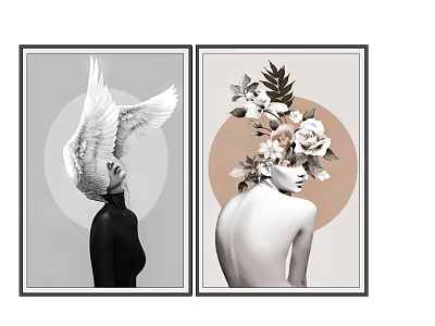 Two Modern Figure Paintings with White Wings and Floral Headpiece Black White Colorful Circular Background 3d model