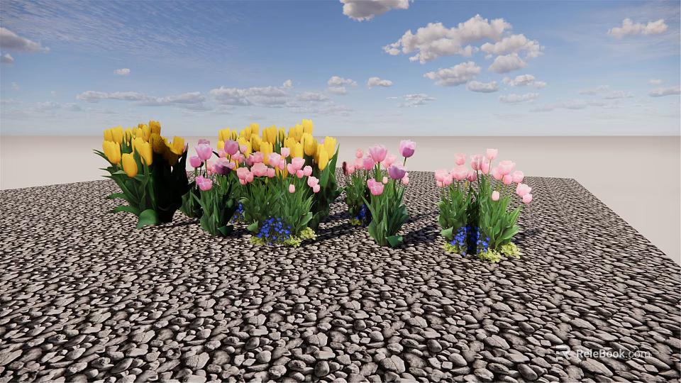 Yellow Pink Tulips And Blue Flowers On Pebble Ground Under Blue Sky With White Clouds 3d model 