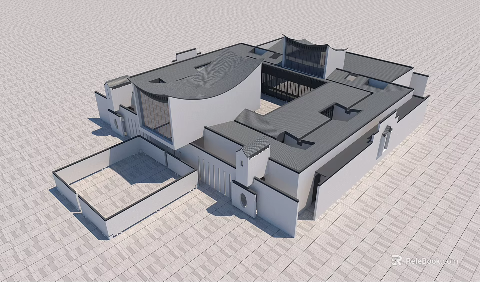 Modern Museum Building Structure With Geometric Roof Design Courtyard And Open Spaces 3d model 