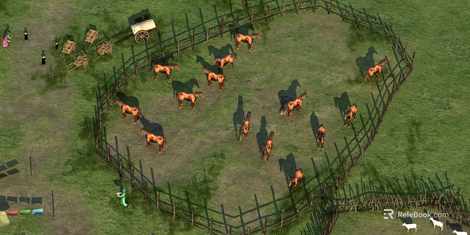 Brown Reptiles Living in Circular Fenced Green Grass Area with Cart 3d model 