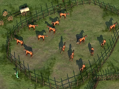 Brown Reptiles Living in Circular Fenced Green Grass Area with Cart 3d model