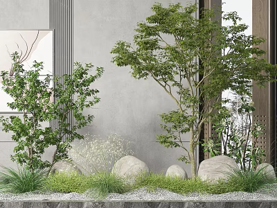 Indoor Natural Landscape With Lush Trees Green Plants Gray Wall Stones And Gravel 3d model
