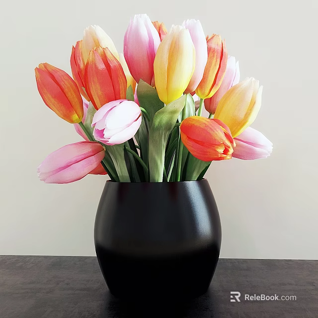 Black Vase With Colorful Tulips Pink Yellow Orange White Flowers On Dark Surface Light Background 3d model 