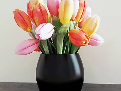 Black Vase With Colorful Tulips Pink Yellow Orange White Flowers On Dark Surface Light Background 3d model