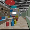 School Classroom Interior With Desks Chairs Projection Screen Blackboards And Bookshelves