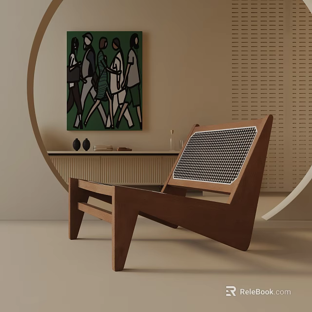 Modern Wooden Leisure Chair With Grid Patterned Backrest And Decorative Painting 3d model 