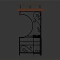 Decorative Metal Structure With Ornate Curved Scroll Ironwork Top Shelf And Lower Shelving