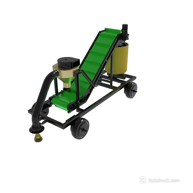 Mechanical Conveyor Device With Green Belt Black Frame And Yellow Components On Wheels 3d model 