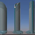 Three Modern Curved Skyscrapers With Glass Facade And Unique Base Design