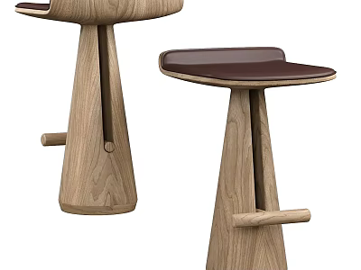 Modern Wooden Stools with Brown Leather Seats and Ergonomic Design for Home Interior Decor 3d model