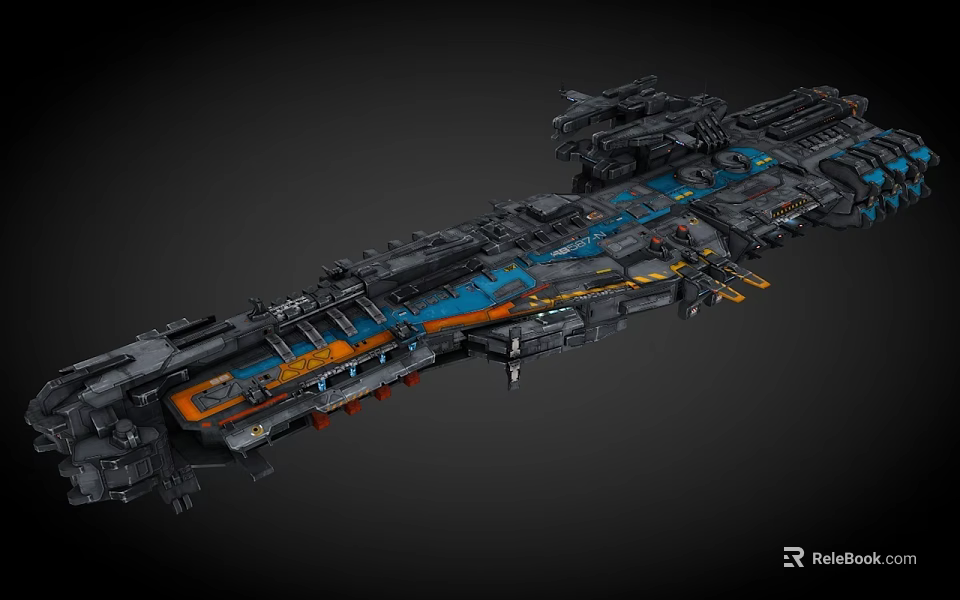 Interstellar Spaceship 3D Model With Complex Structure And Detailed Orange Blue Design 3d model