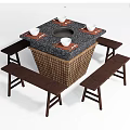 Square Stone Top Dining Table Set With Fire Pit Center And Wooden Benches