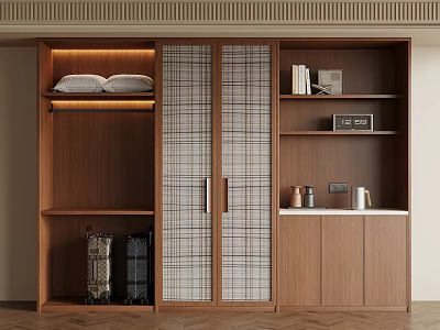 Modern Wooden Wardrobe With Sliding Checkered Doors Open Shelves And Storage Compartments 3d model