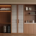 Modern Wooden Wardrobe With Sliding Checkered Doors Open Shelves And Storage Compartments