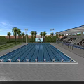 Large Outdoor Swimming Pool With Starting Blocks Spectator Seats And Palm Trees