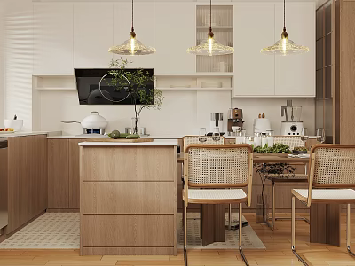 Modern Restaurant Open Kitchen With Wooden Cabinets Pendant Lights And Island Counter 3d model