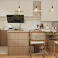 Modern Restaurant Open Kitchen With Wooden Cabinets Pendant Lights And Island Counter