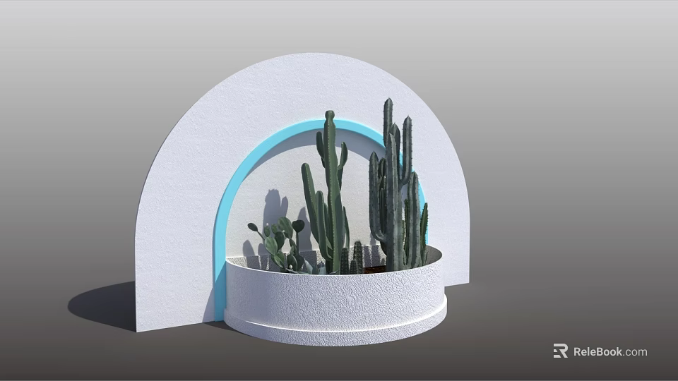Cactus Bonsai Potted Plant in White Circular Pot with Blue Arch and White Arched Structure 3d model 
