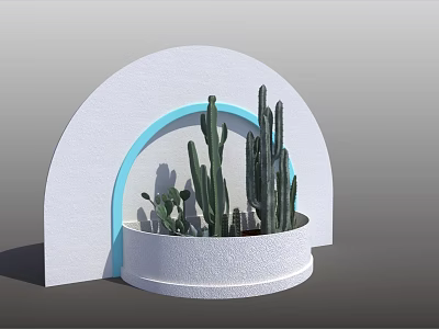 Cactus Bonsai Potted Plant in White Circular Pot with Blue Arch and White Arched Structure 3d model
