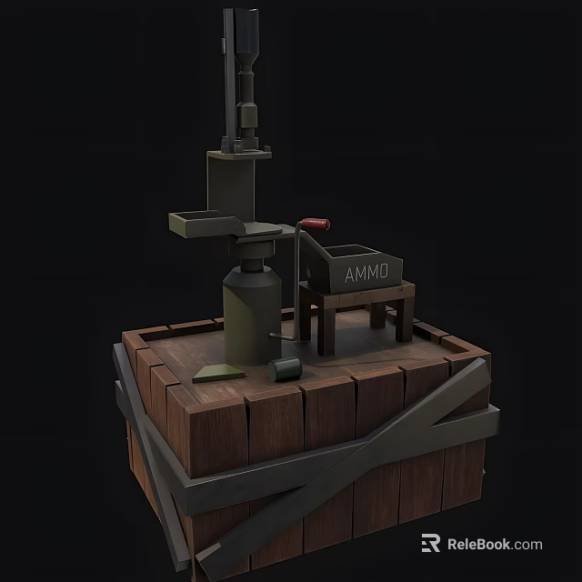 Military Weapon Mechanical Device On Wooden Crate With Ammo Box And Red Handle 3d model 