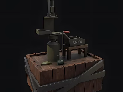 Military Weapon Mechanical Device On Wooden Crate With Ammo Box And Red Handle 3d model