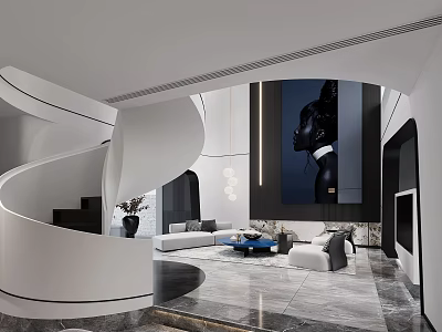 Modern Duplex Living Room Interior Featuring Spiral Staircase White Sofa Marble Flooring And Artwork 3d model