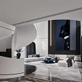 Modern Duplex Living Room Interior Featuring Spiral Staircase White Sofa Marble Flooring And Artwork