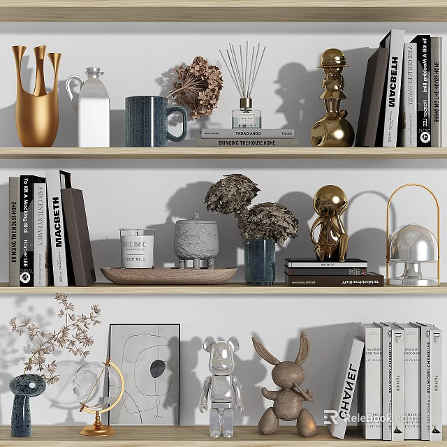 Modern Shelf Decorative Ornament Collection Featuring Vases Books Dried Flowers Metal Figurines And Sculptures 3d model 