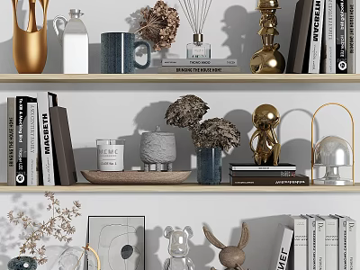 Modern Shelf Decorative Ornament Collection Featuring Vases Books Dried Flowers Metal Figurines And Sculptures 3d model