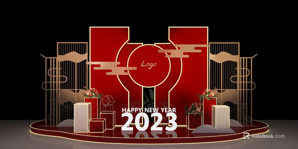 Chinese New Year 2023 Decoration With Red Backdrop Cloud Patterns And Logo Center 3d model