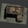 Sculpture Carving Workbench With Stone Blocks Stacked Wooden Planks And Small Lantern On Gray Mat