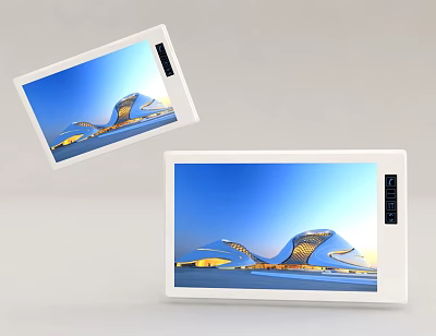 Modern White Smart Switch Panels With Digital Display Showing Architectural Scenes 3d model