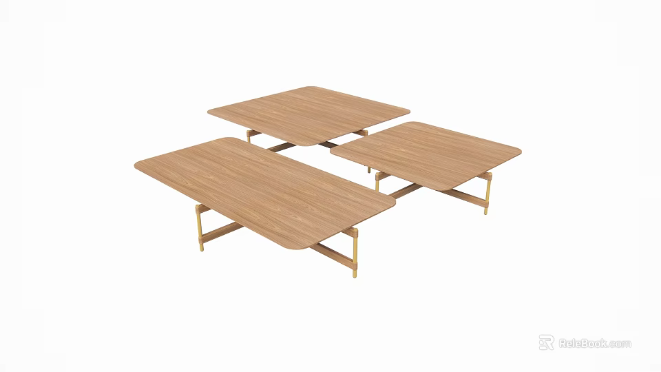 Stylish Three Rectangular Wooden Tables With Golden Metal Legs Set 3d model 