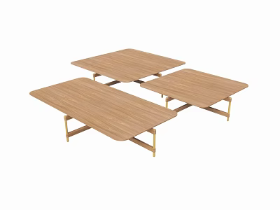 Stylish Three Rectangular Wooden Tables With Golden Metal Legs Set 3d model