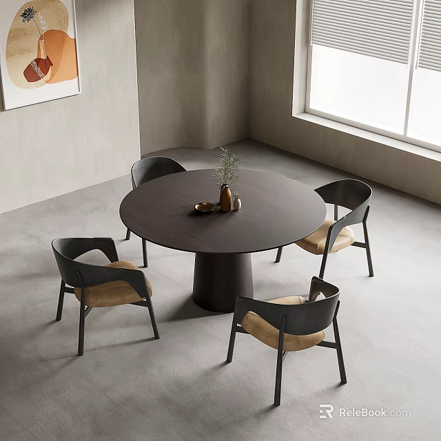 Modern Round Dining Table Set with Four Black Frame Chairs Beige Seats and Vase 3d model 