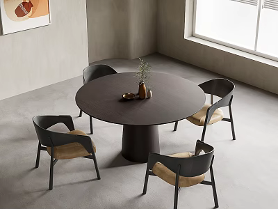 Modern Round Dining Table Set with Four Black Frame Chairs Beige Seats and Vase 3d model